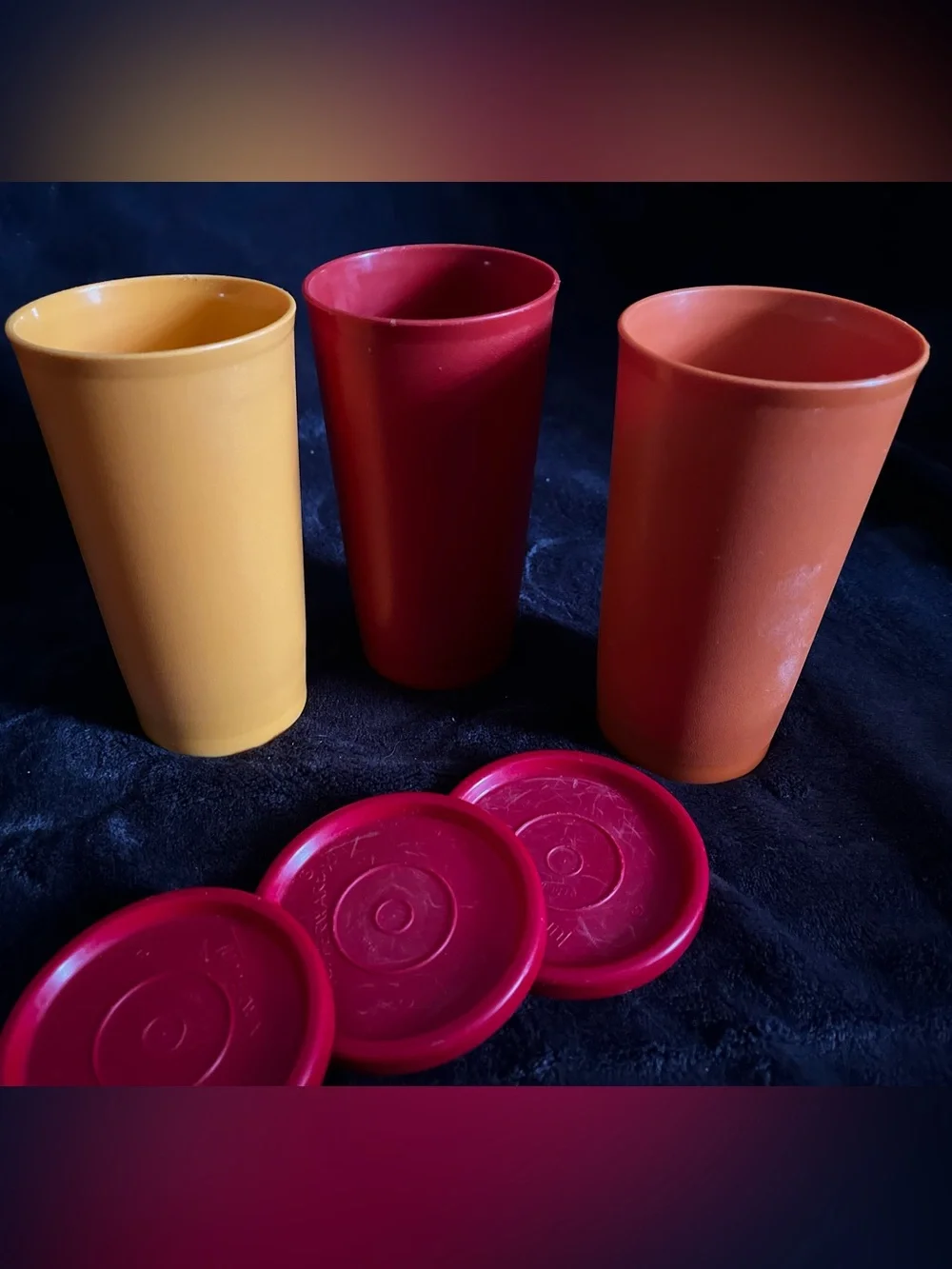 3 Tupperware Harvest Color Plastic Tumblers with Red Lids 1970’s
